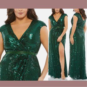 NWT $498 Mac Duggal [ 22W‎ ] High Slit Cap Sleeve V Neck Gown in Green